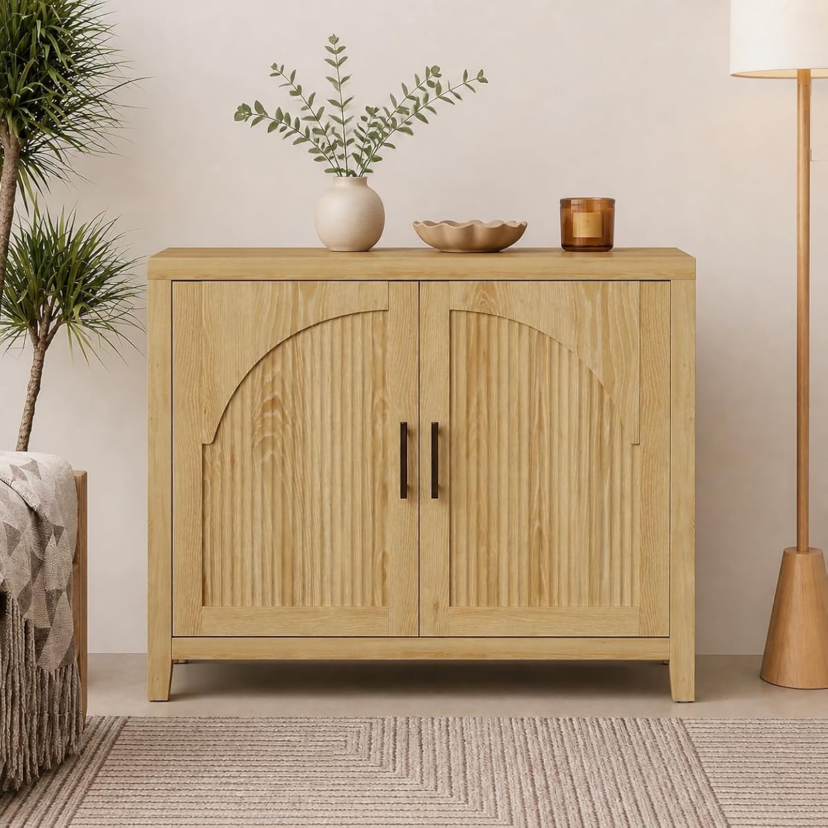 37 "W Fluted Sideboard Buffet Cabinet with Storage, Natural Oak
