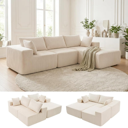 108" L-Shaped Sectional Boneless Couch for Living Room, Upholstered Corduroy Sofa with Deep Seat for Small Apartment, Bedroom, No Assembly in a Box, Right Facing Chaise, Beige