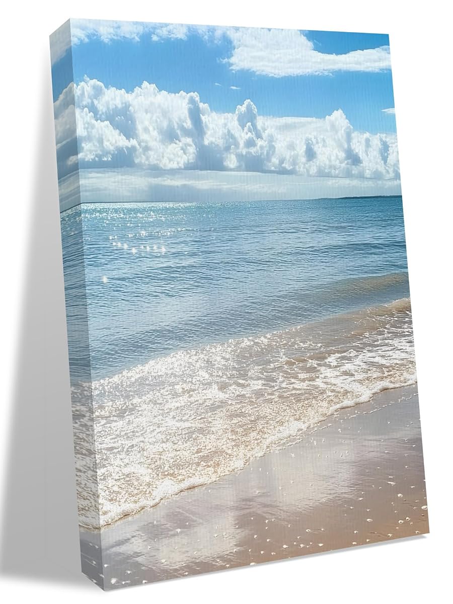 NuYeBiofx Summer Beach Ocean Wave Canvas Wall Art Prints,48"x32" Framed Picture Artwork Coastal Seaside Scenery Theme Printed Canvas Oil Painting for Living Room Bedroom Office,Ready to Hang