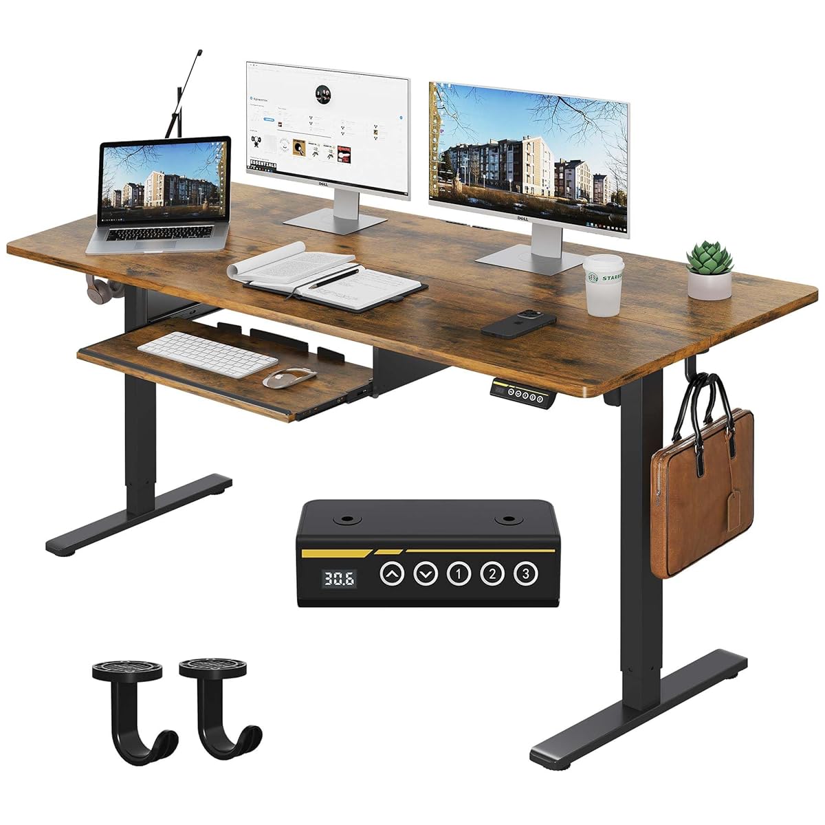 Electric Standing Desk with Keyboard Tray,48x24 inches Adjustable Height Stand Up Desk,3 Preset Heights,Equipped with Hooks,Raising Desks for Home Office and Computer Workstation,Black
