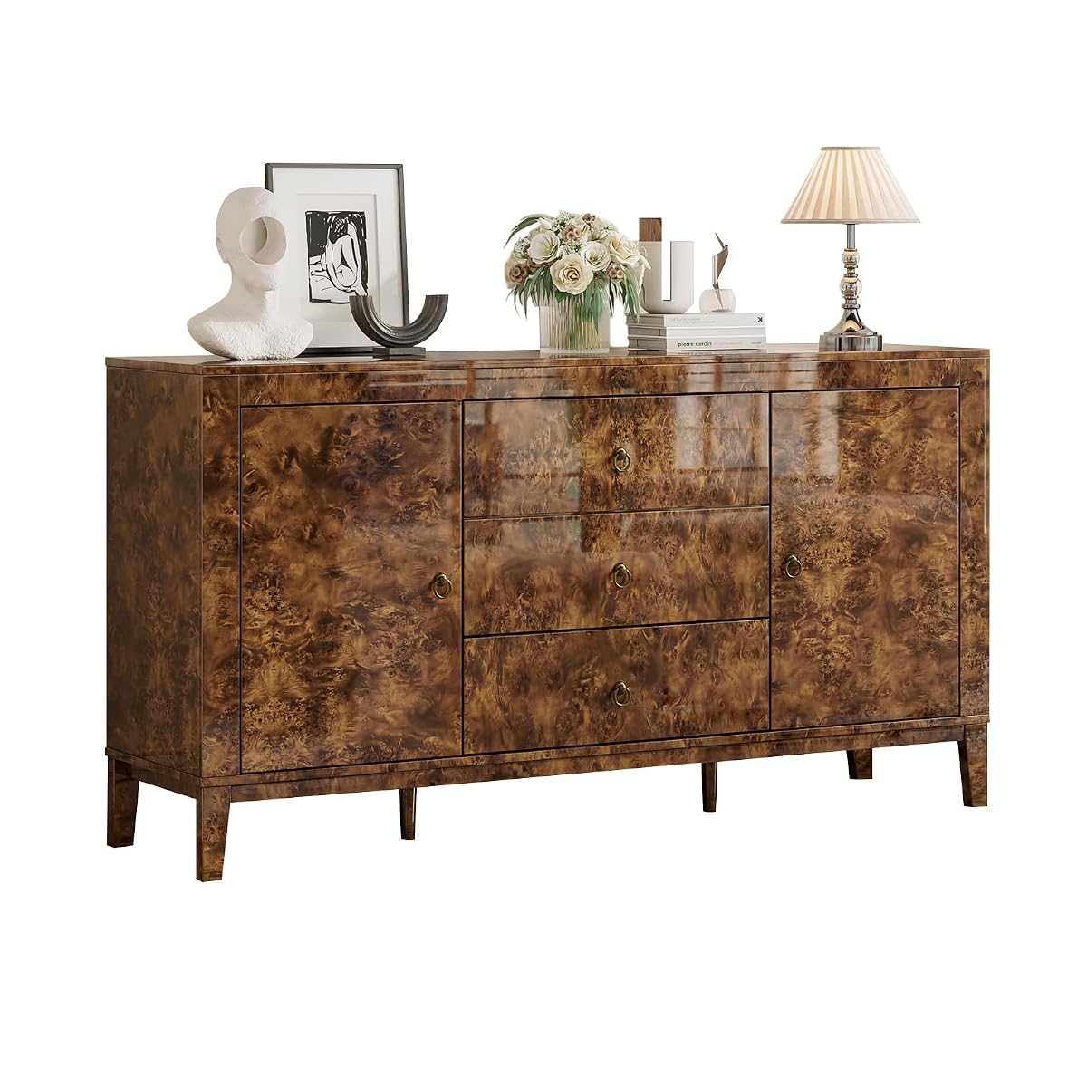 60" Glossy Burl Wood Sideboard Buffet with Storage