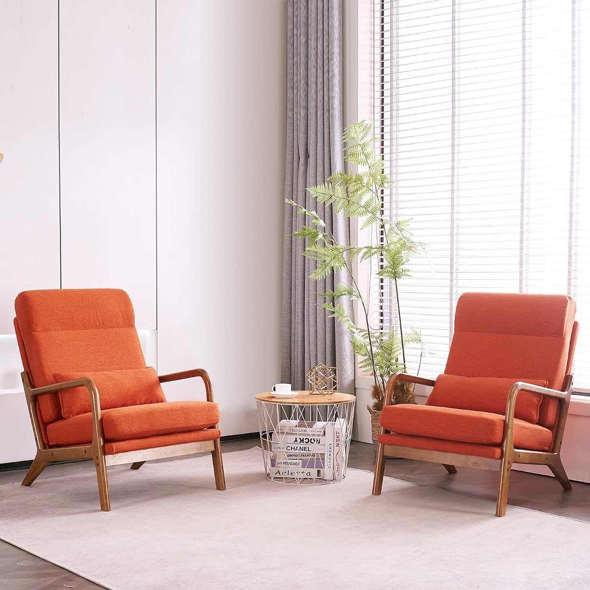 Bonnlo High Back Burnt Orange Accent Chairs Set of 2, Upholstered Mid Century Modern Lounge Chairs Reading Chairs Side Sitting Chair Solid Wood Farmhouse Armchairs for Living Room, Bedroom, Guest Room