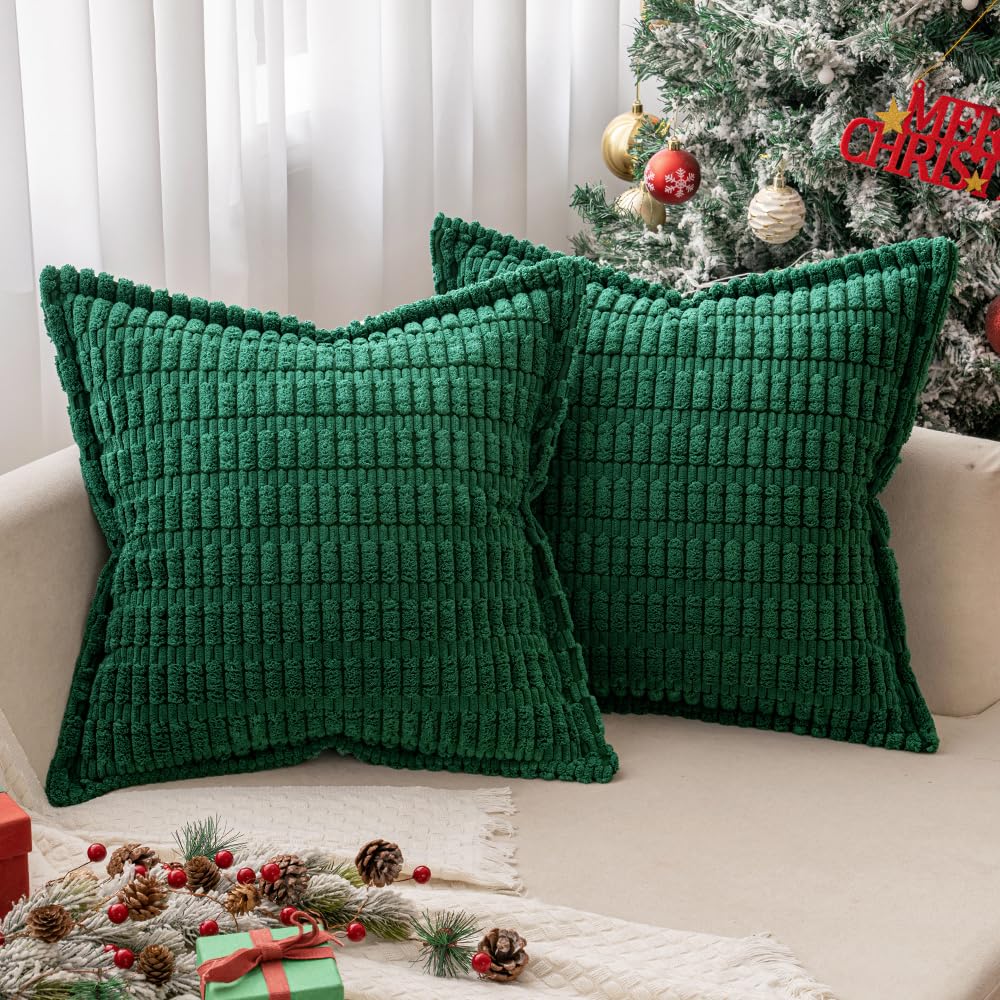 Christmas Green Corduroy Decorative Throw Pillow Covers Pack of 2 Soft Striped Pillows Pillowcases with Broad Edge Winter Modern Boho Home Decor for Couch Sofa Bed Spring 20x20 Inch
