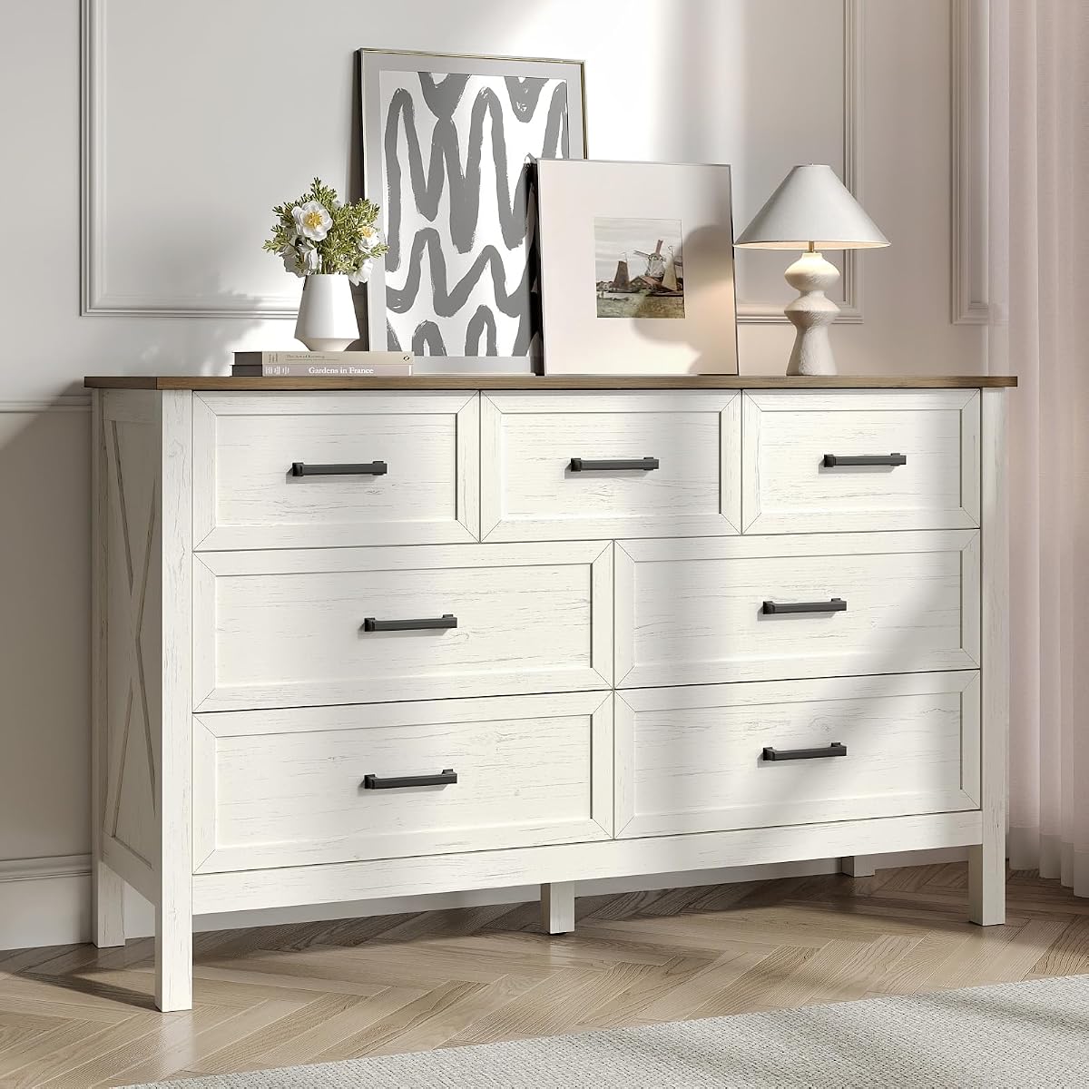Farmhouse 7 Drawers Dresser for Bedroom, Antique White