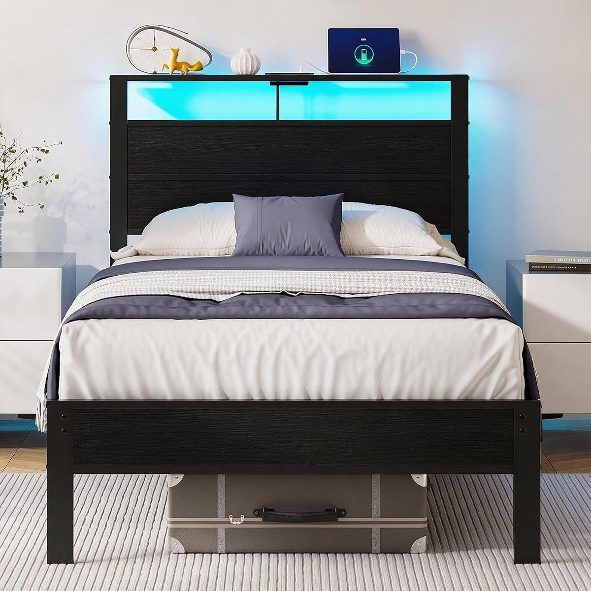Twin Size Bed Frame with LED Lights and USB Charging Station