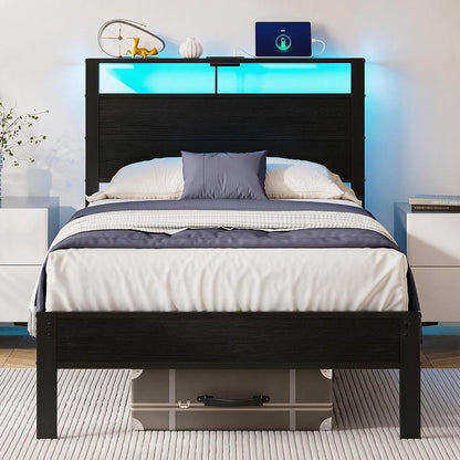 Twin Size Bed Frame with LED Lights and USB Charging Station