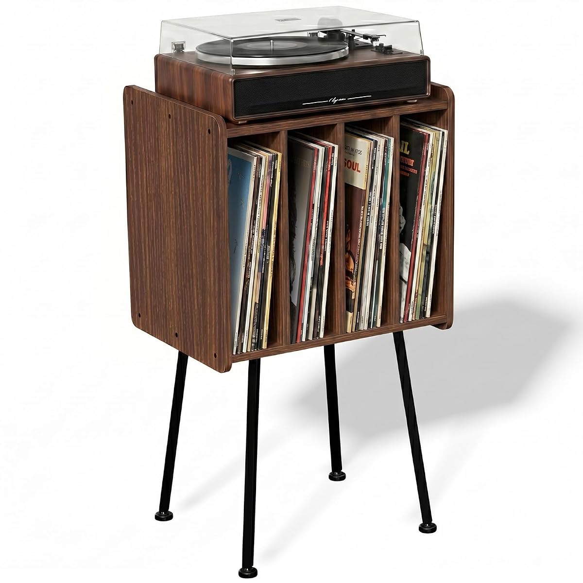 Record Player Stand with 4 Cabinets, Walnut