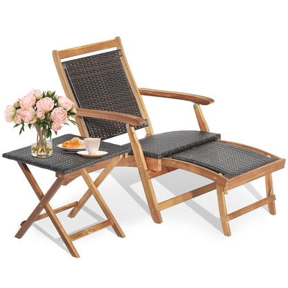 Patio Lounge Chair and Side Table Set, Acacia Wood Wicker Folding Table and Armrest Chair with Retractable Ottoman, Outdoor Chaise Lounger for Garden, Backyard, Poolside, Balcony