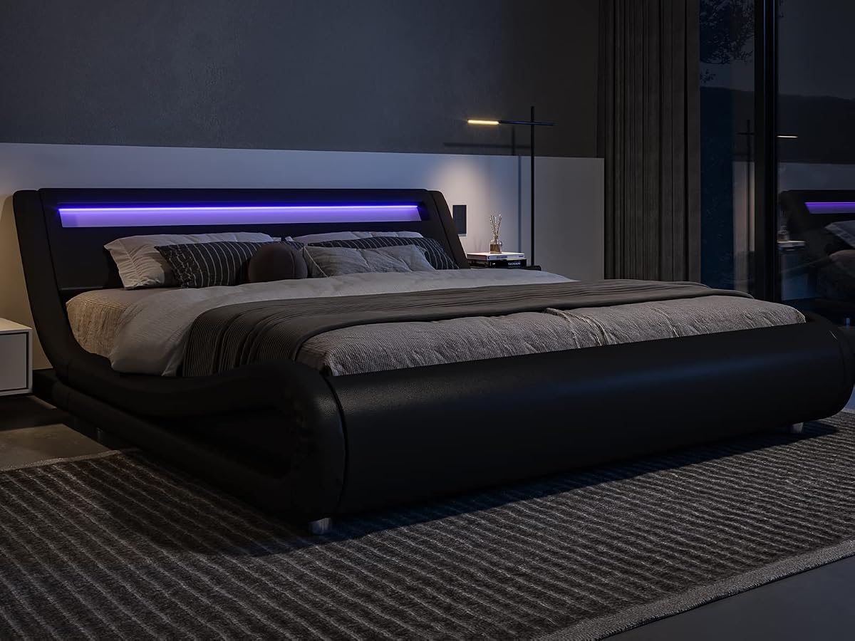 Queen Size LED Platform Bed Frame with Adjustable Headboard, Black