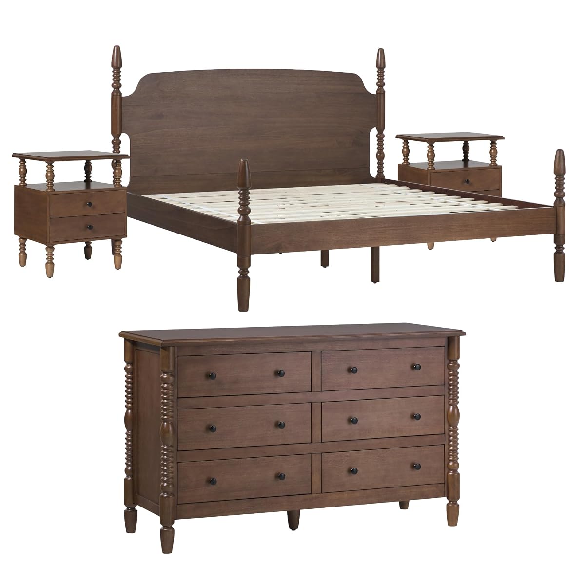 Solid Wood Spindle Vivienne King Bed with Two EZ Assembly 2-Drawer Nightstands
