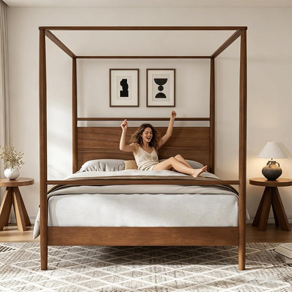 Queen Size Wood Canopy Bed Frame, Walnut Vintage Four-Posters Frames