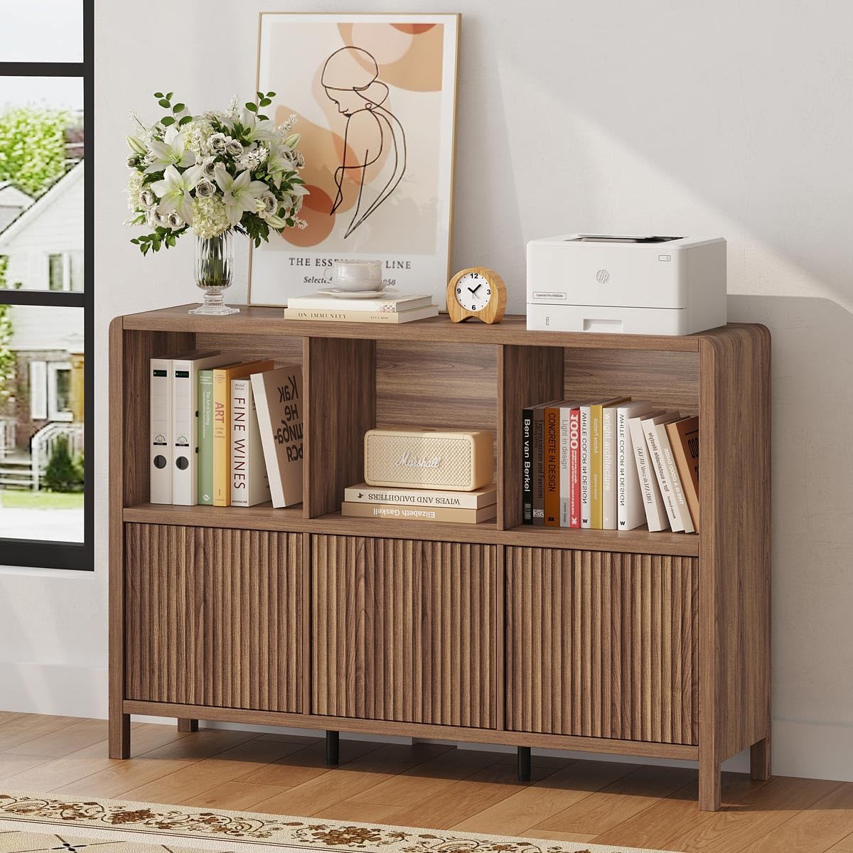 6 Horizontal Bookcase with 3 Doors, Low Farmhouse Cube Storage Organizer
