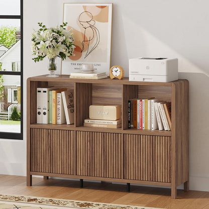 6 Horizontal Bookcase with 3 Doors, Low Farmhouse Cube Storage Organizer