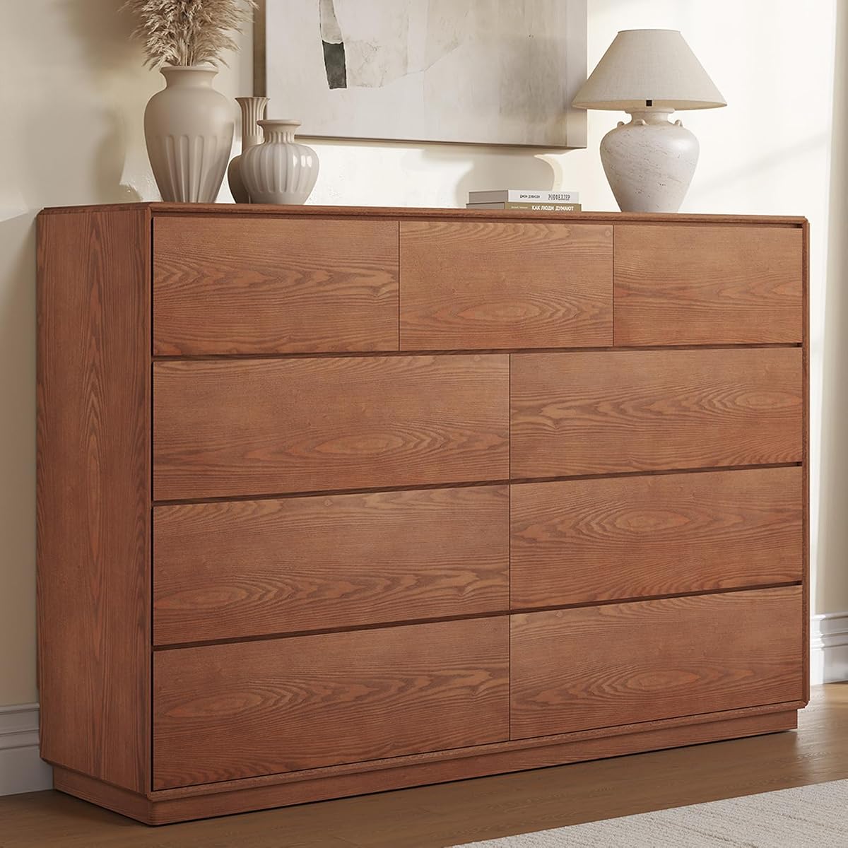 Solid Wood Dresser, 55.1" Wide Mid Century Modern Dresser, Brown