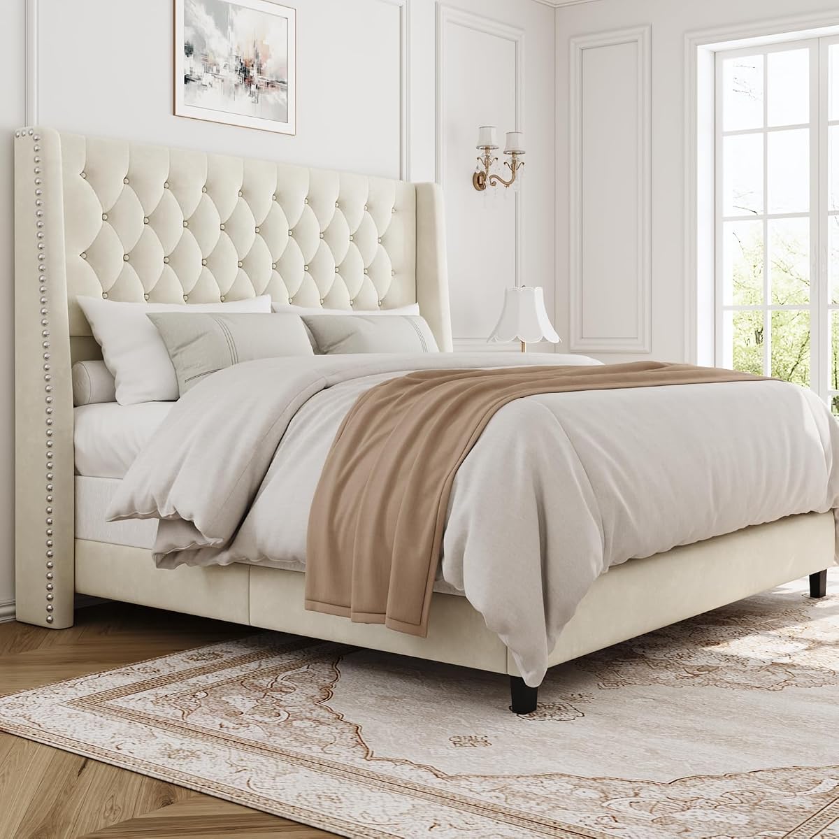 Queen Upholstered Bed Frame, 55.4'' Tall Headboard with Wingback