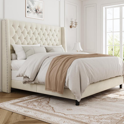 Queen Upholstered Bed Frame, 55.4'' Tall Headboard with Wingback