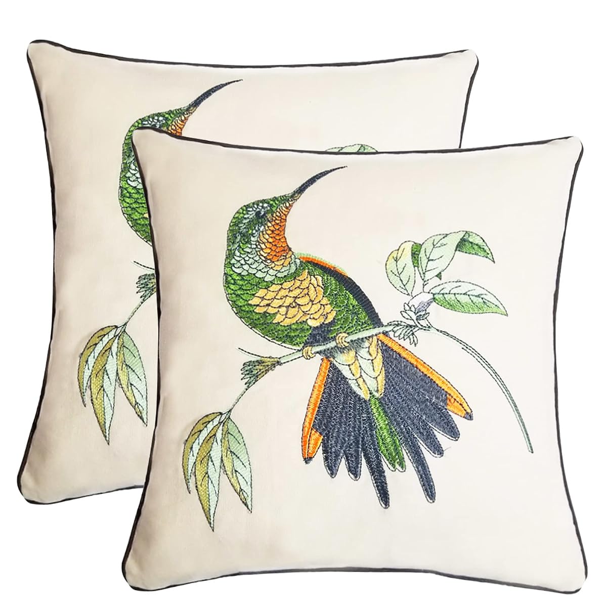 Set of 2 Embroidered Decorative Throw Pillow Covers Couch Square Pillowcases Cushion for Bedroom Sofa Farmhouse Decor 18x18 Inch (Hummingbird)