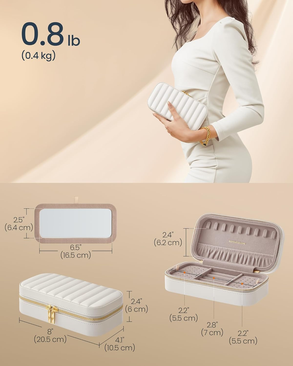 Travel Jewelry Case, Travel Jewelry Box Organizer with Mirror, 4.1 X 8 X 2.4 Inches, Stitching, Portable, Gift Idea, Cloud White UJBC180W01