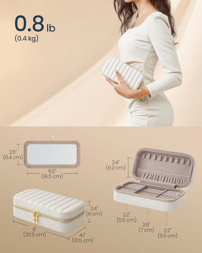 Travel Jewelry Case, Travel Jewelry Box Organizer with Mirror, 4.1 X 8 X 2.4 Inches, Stitching, Portable, Gift Idea, Cloud White UJBC180W01