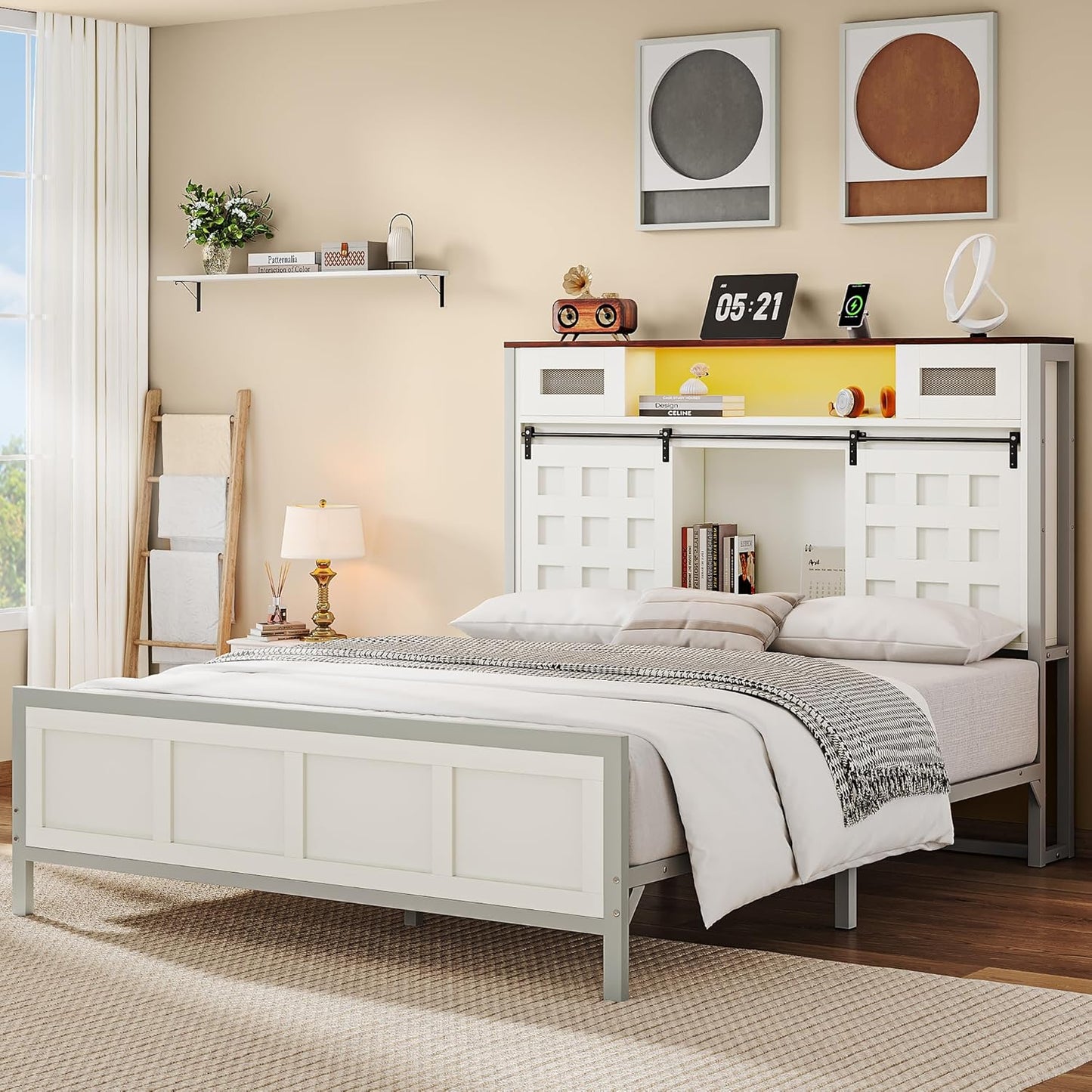 Farmhouse Bed Frame Queen Size, 49.14" Tall Storage Headboard, Led Light & Charging Station, Sliding Barn Door, Wooden Platform Bed Frame, Metal Slats Support, No Box Spring Needed, White