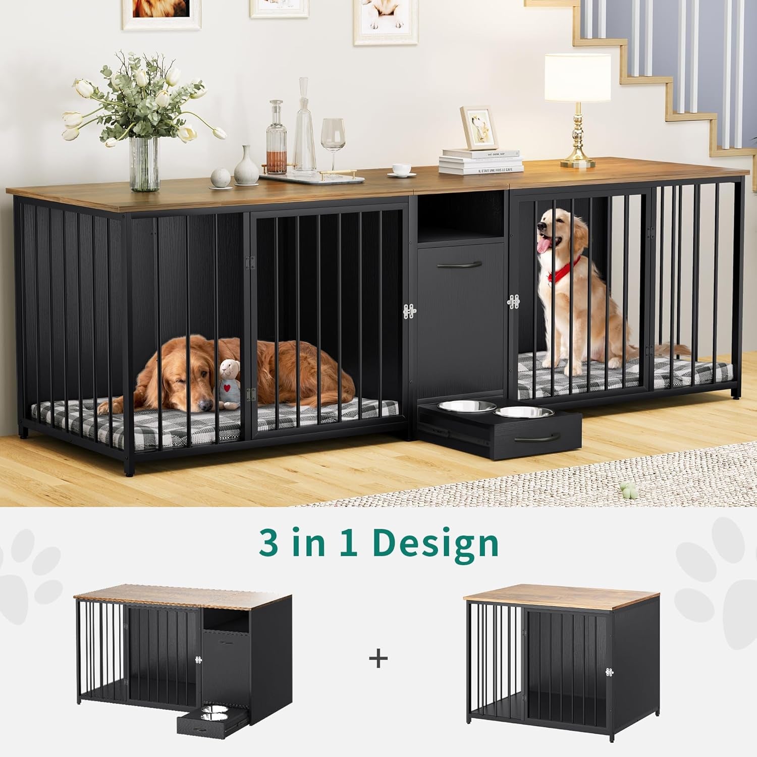 94.5" Large Dog Crate Furniture with Feeder Bowls, Heavy Duty Dog Kennel with Room Divider and Drawer, Wooden Dog House TV Stand Table Indoor for 2 Large/Medium Dogs, Brown
