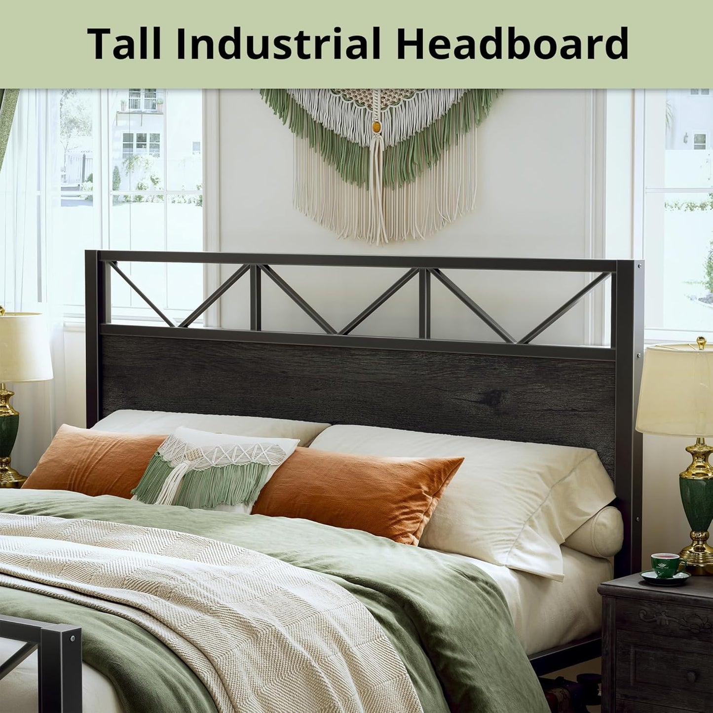 King Bed Frame, Tall Industrial Headboard 51.2 ", Platform Bed Frame with Strong Metal Support, Solid and Stable, Noise Free, No Box Spring Needed, Easy Assembly, Charcoal Grey
