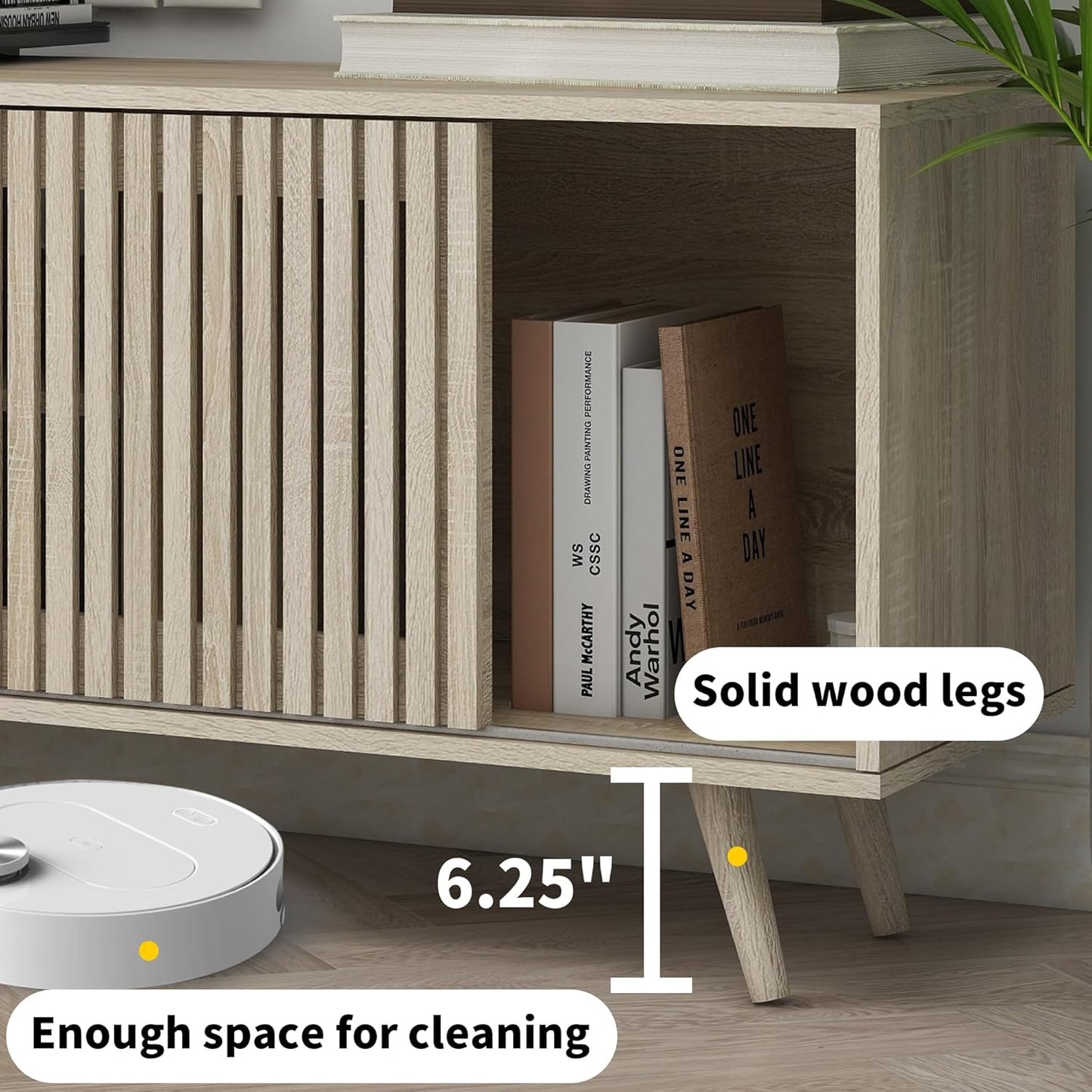 Mid Century Modern TV Stand for Tvs up to 70 In, with Sliding Doors and Open Shelf, Entertainment Center with Storage, Media Console for Living Room, Natural