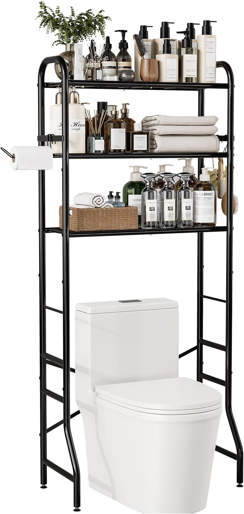 Over the Toilet Storage Rack, 3-Tier Metal Bathroom Organizer with Hooks, over the Toilet Storage Cabinet, Space Saver Shelf for Bathroom, Black, 23.6" X 13.0" X 63.4"