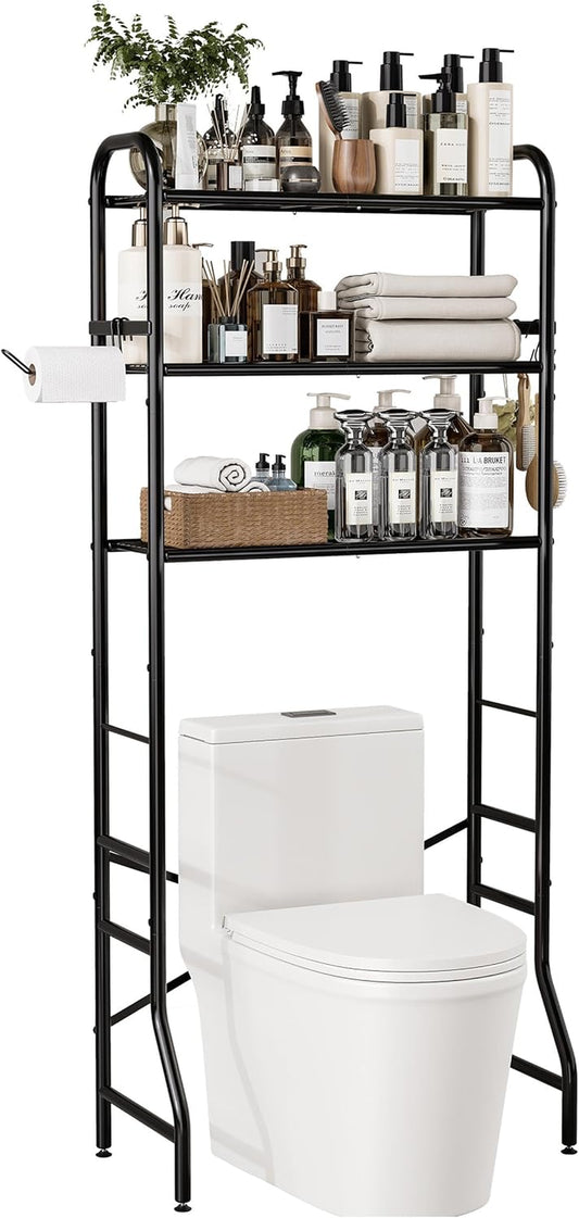 Over the Toilet Storage Rack, 3-Tier Metal Bathroom Organizer with Hooks, over the Toilet Storage Cabinet, Space Saver Shelf for Bathroom, Black, 23.6" X 13.0" X 63.4"