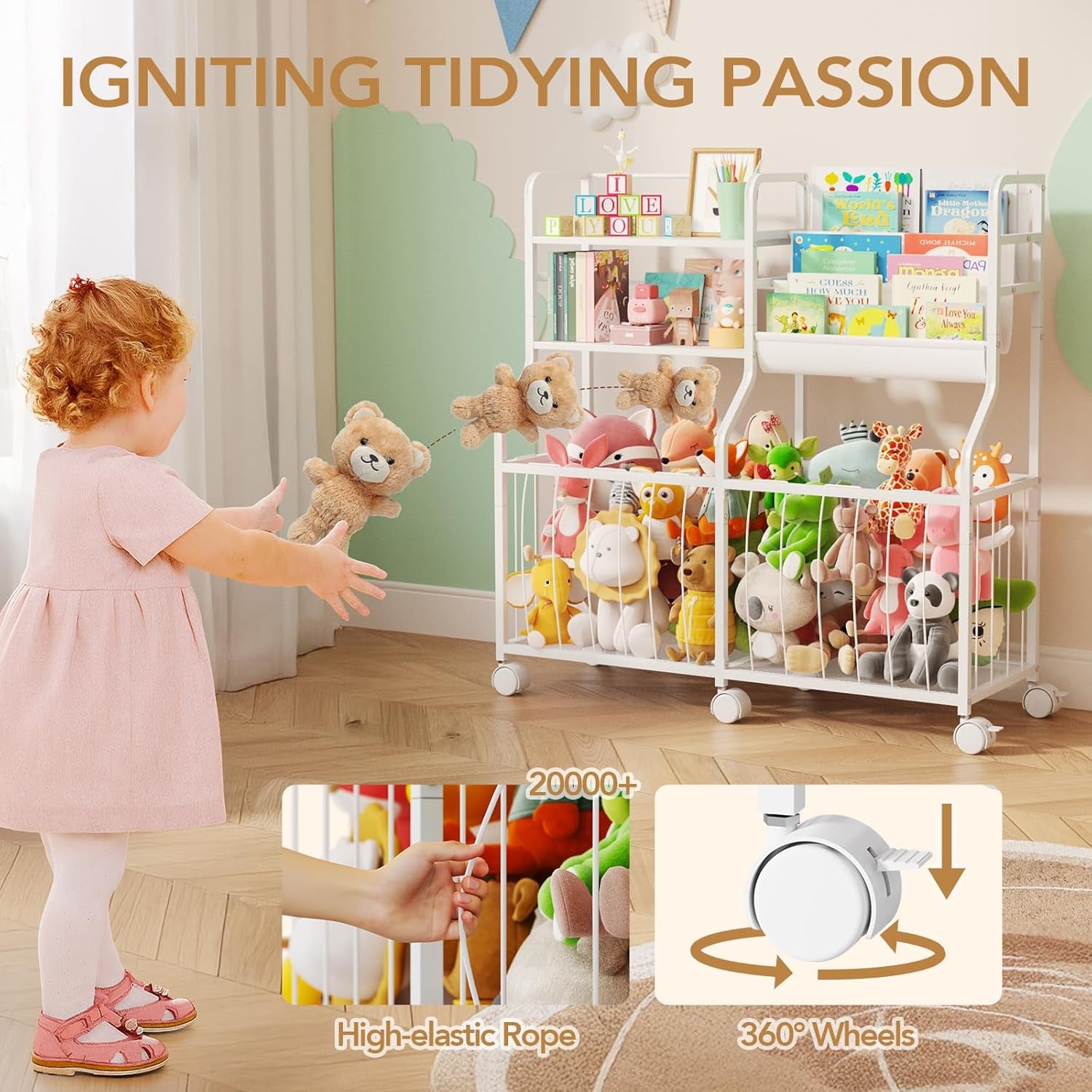 Stuffed Animal Storage Organizer - Rolling Kids Bookshelf and Toy Storage with 3 Tiered Book Display and Toy Chest - Rolling Furniture for Kids Room, Playroom, Bedroom, Nursery, White