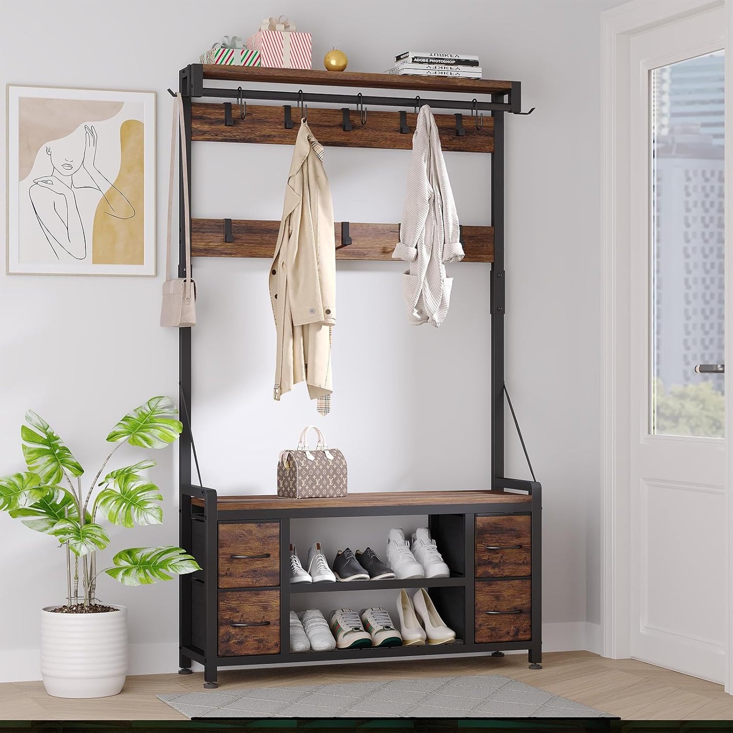 39" Hall Tree with Storage Coat Rack Freestanding Entryway Furniture Bench, 5 in 1 Design Front Door Shoe Rack and Wall Rack Hooks, and 4 Drawers (Rustic Brown)