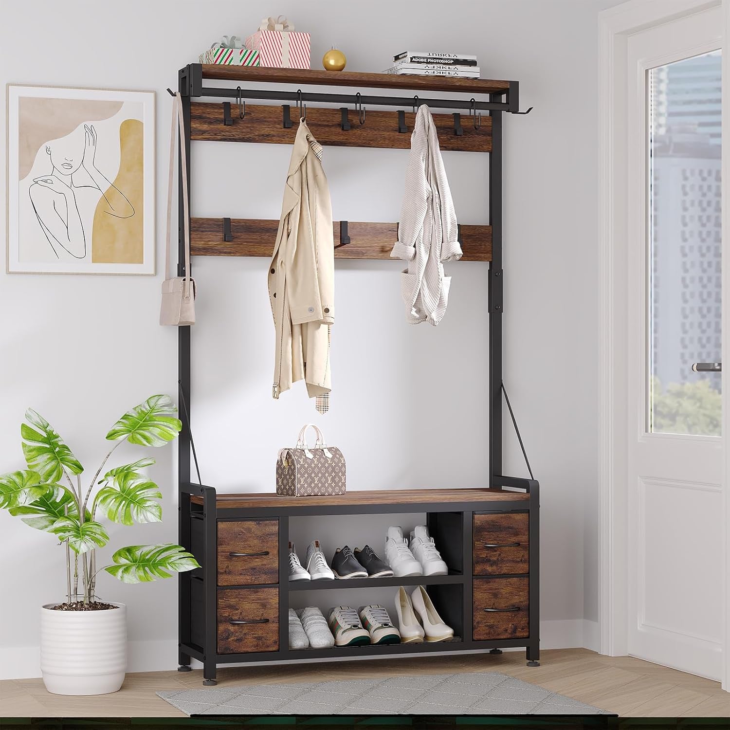 39" Hall Tree with Storage Coat Rack Freestanding Entryway Furniture Bench, 5 in 1 Design Front Door Shoe Rack and Wall Rack Hooks, and 4 Drawers (Rustic Brown)