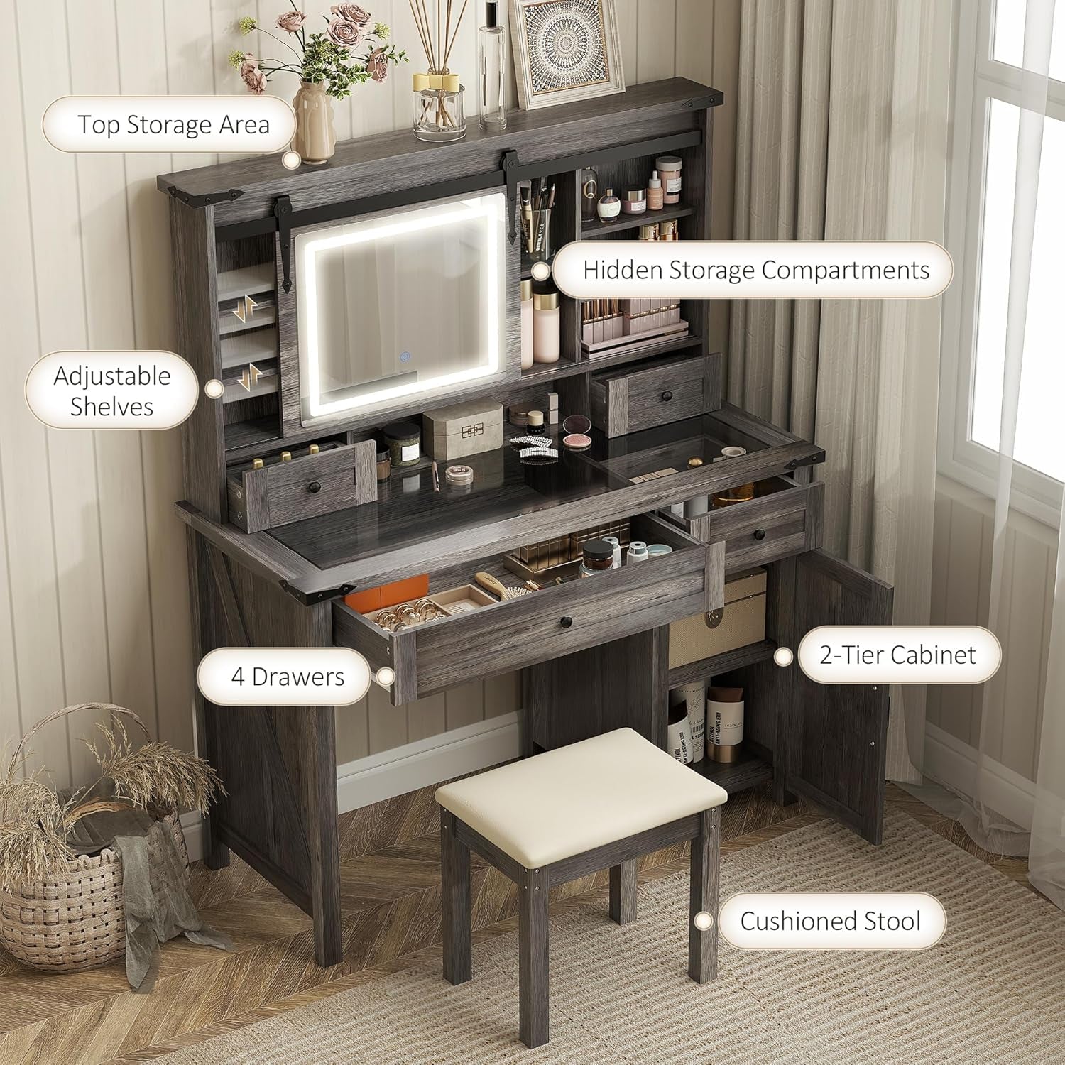Farmhouse Vanity Desk with Mirror, LED Lights Makeup Vanity Table with 42 Inch Glass Tabletop, Cushioned Stool, Drawers & Shelves & Cabinet, Rustic Dressing Table Set for Bedroom, Gray
