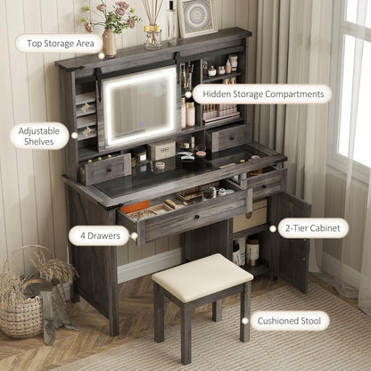 Farmhouse Vanity Desk with Mirror, LED Lights Makeup Vanity Table with 42 Inch Glass Tabletop, Cushioned Stool, Drawers & Shelves & Cabinet, Rustic Dressing Table Set for Bedroom, Gray