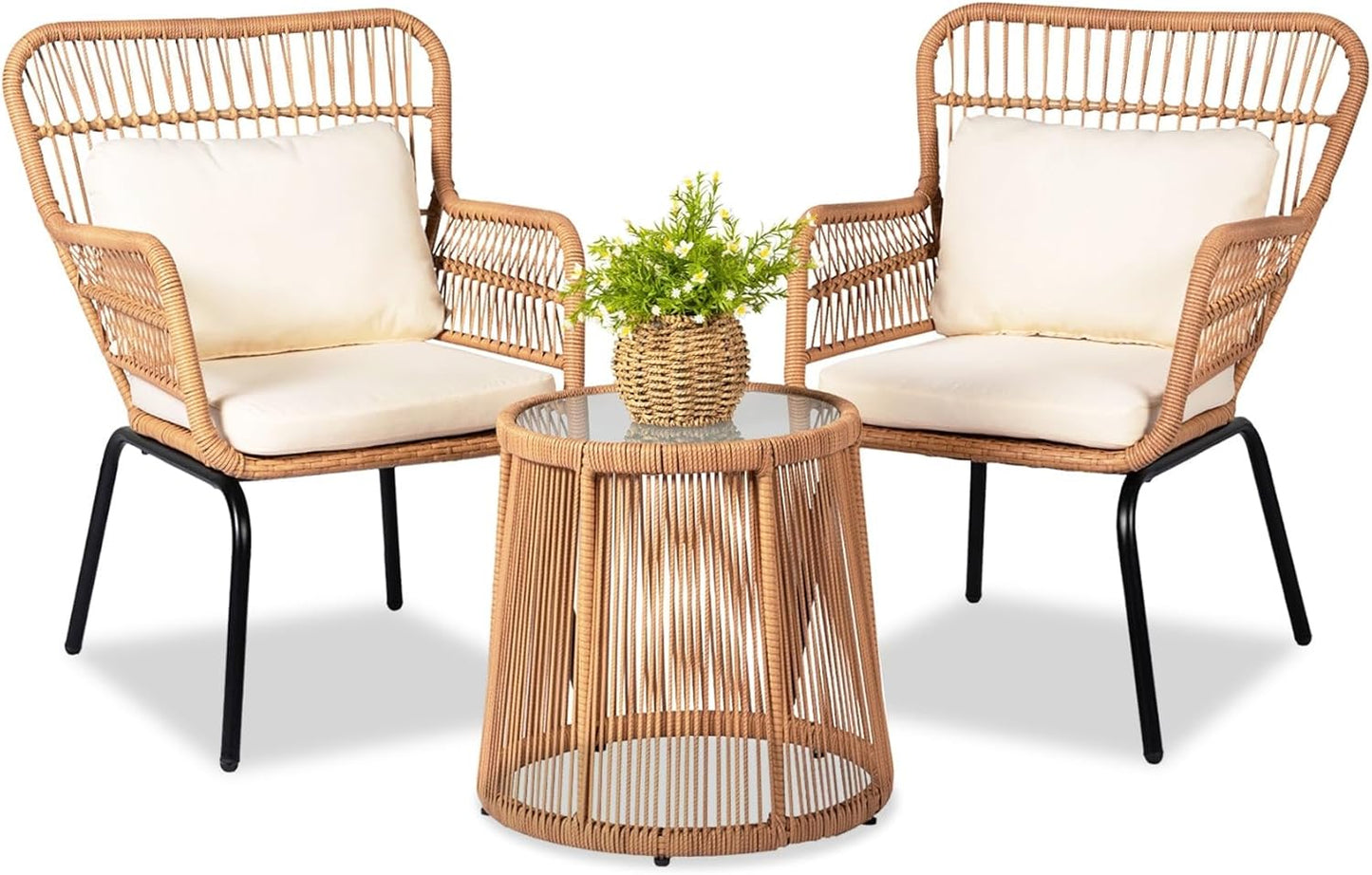 3 Piece Outdoor Wicker Furniture Bistro Set, Rattan Chairs Conversation Sets Wicker Patio Furniture for Balcony Poolside Backyard, Yellow/Beige