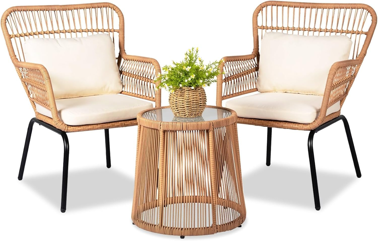 3 Piece Outdoor Wicker Furniture Bistro Set, Rattan Chairs Conversation Sets Wicker Patio Furniture for Balcony Poolside Backyard, Yellow/Beige