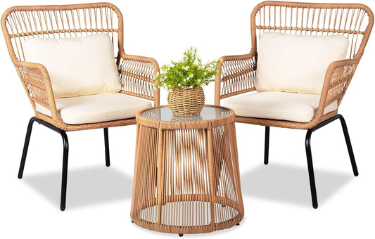 3 Piece Outdoor Wicker Furniture Bistro Set, Rattan Chairs Conversation Sets Wicker Patio Furniture for Balcony Poolside Backyard, Yellow/Beige