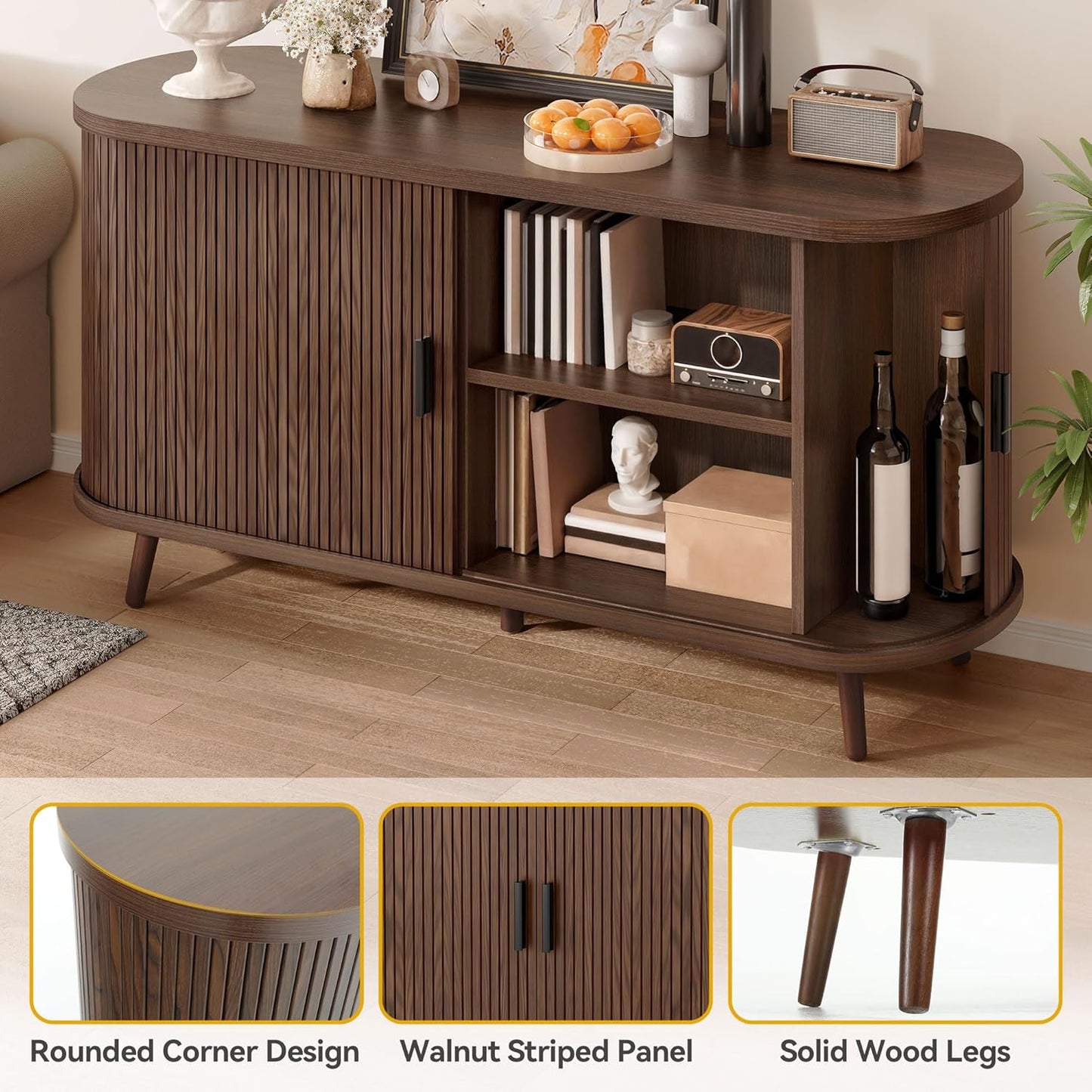 Fluted Sideboard Buffet Cabinet with Storage,54.3" Wide Curvy Edge Accent Storage with Sliding Door & Adjustable Shelf, Mid Century Modern Console for Living Room, Kitchen, Hallway-Walnut