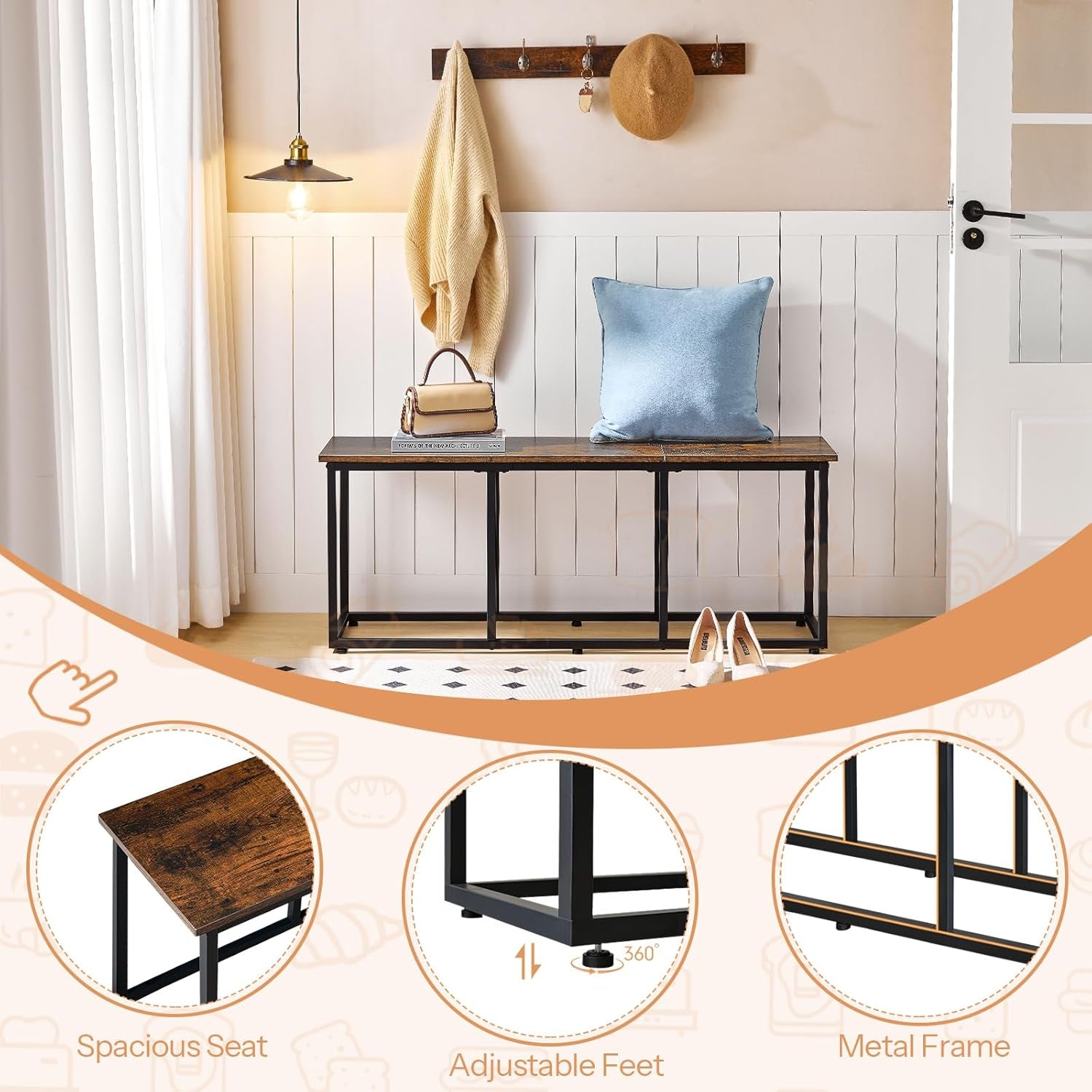 Dining Bench, 47.2 Inch Dining Table Bench, Industrial Style Kitchen Bench, Steel Frame, Easy to Assemble, for Kitchen, Dining Room, Rustic Brown and Black BF45CD01