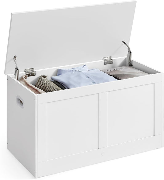 Storage Chest, Storage Trunk with 2 Safety Hinges, Storage Bench, Shoe Bench, Farmhouse Style, 15.7 X 31.5 X 18.3 Inches, for Entryway, Bedroom, Living Room, Cloud White ULSB064W01