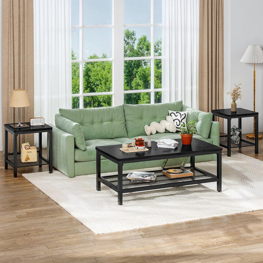 3-Piece Living Room Coffee Table Set, Industrial Coffee Table with 2 Square End Side Tables, Modern Living Room Table Set with Metal Frame for Apartment Home Office (Black)