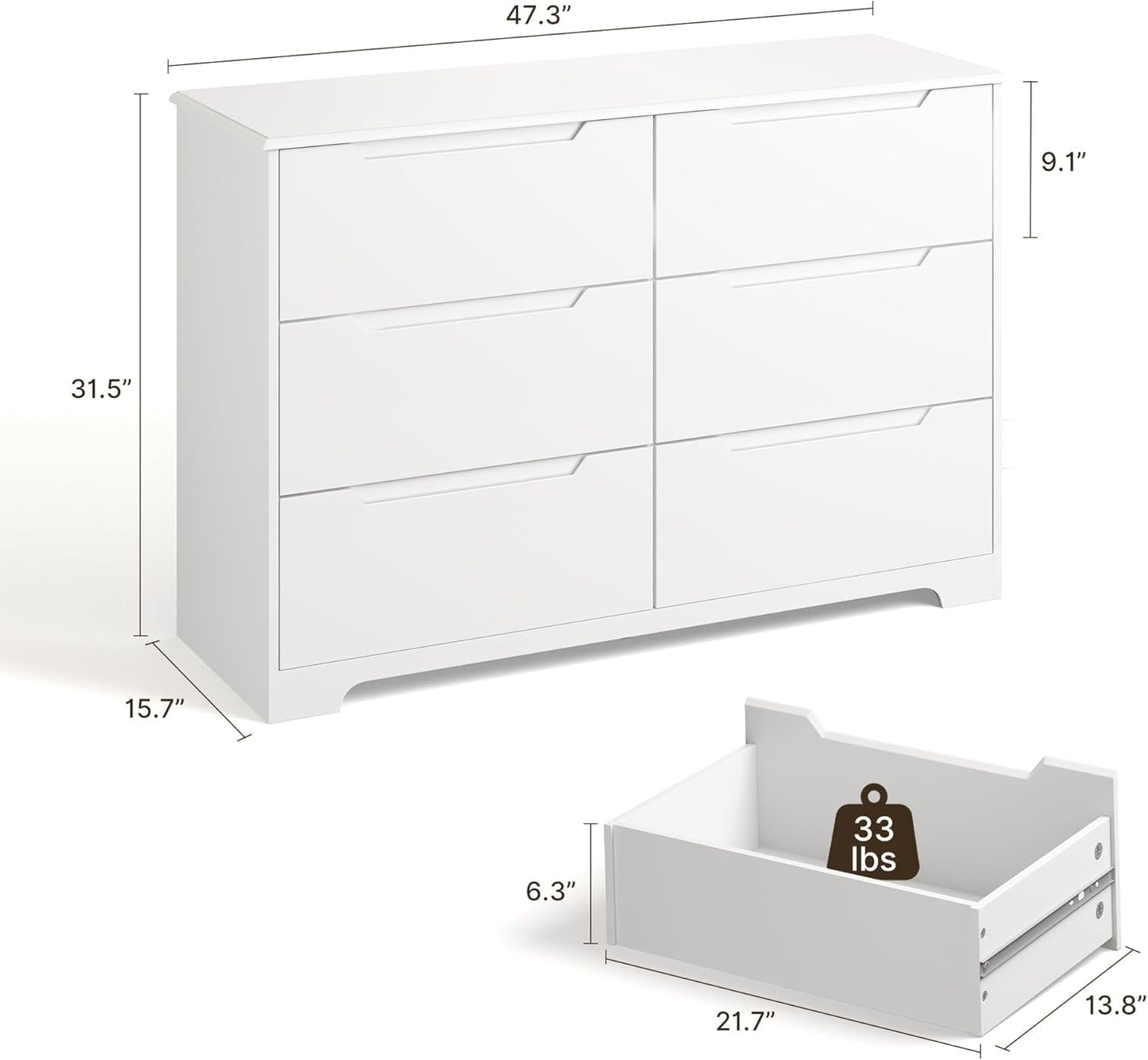 6 Drawer Double Dresser for Bedroom with Anti-Tip Design, Modern Wide Wooden Chest of Drawers with Cut-Out Handles, Closet Storage Organizer and TV Stand for Living Room, Hallway, Entryway