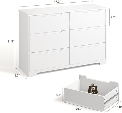 6 Drawer Double Dresser for Bedroom with Anti-Tip Design, Modern Wide Wooden Chest of Drawers with Cut-Out Handles, Closet Storage Organizer and TV Stand for Living Room, Hallway, Entryway