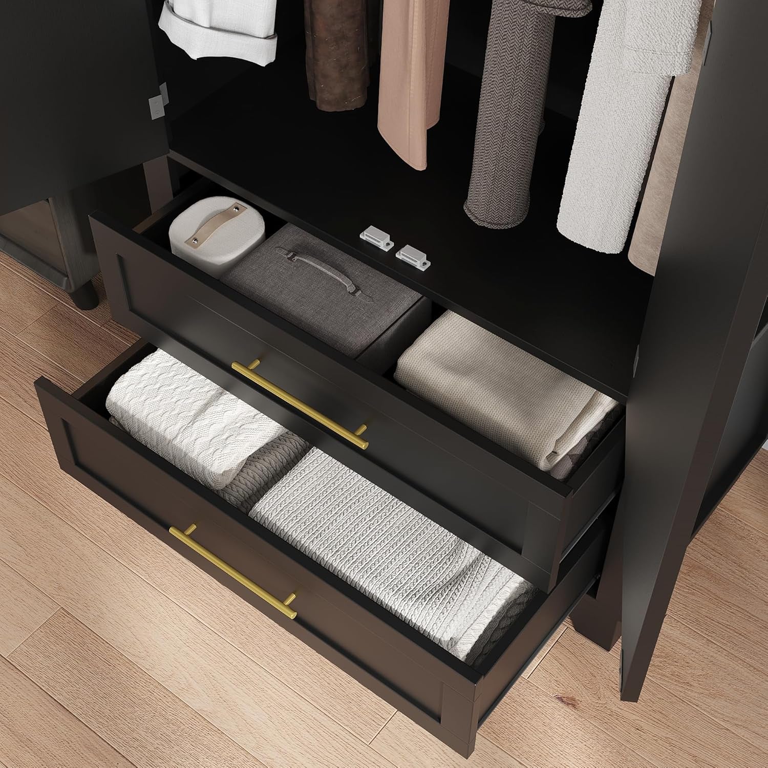 Wardrobe Closet, Modern Armoire Wardrobe Closet with Drawers and 2 Arched Fluted Doors, 70" Tall Wooden Bedroom Armoires with Shelves and Hanging Rod, Black