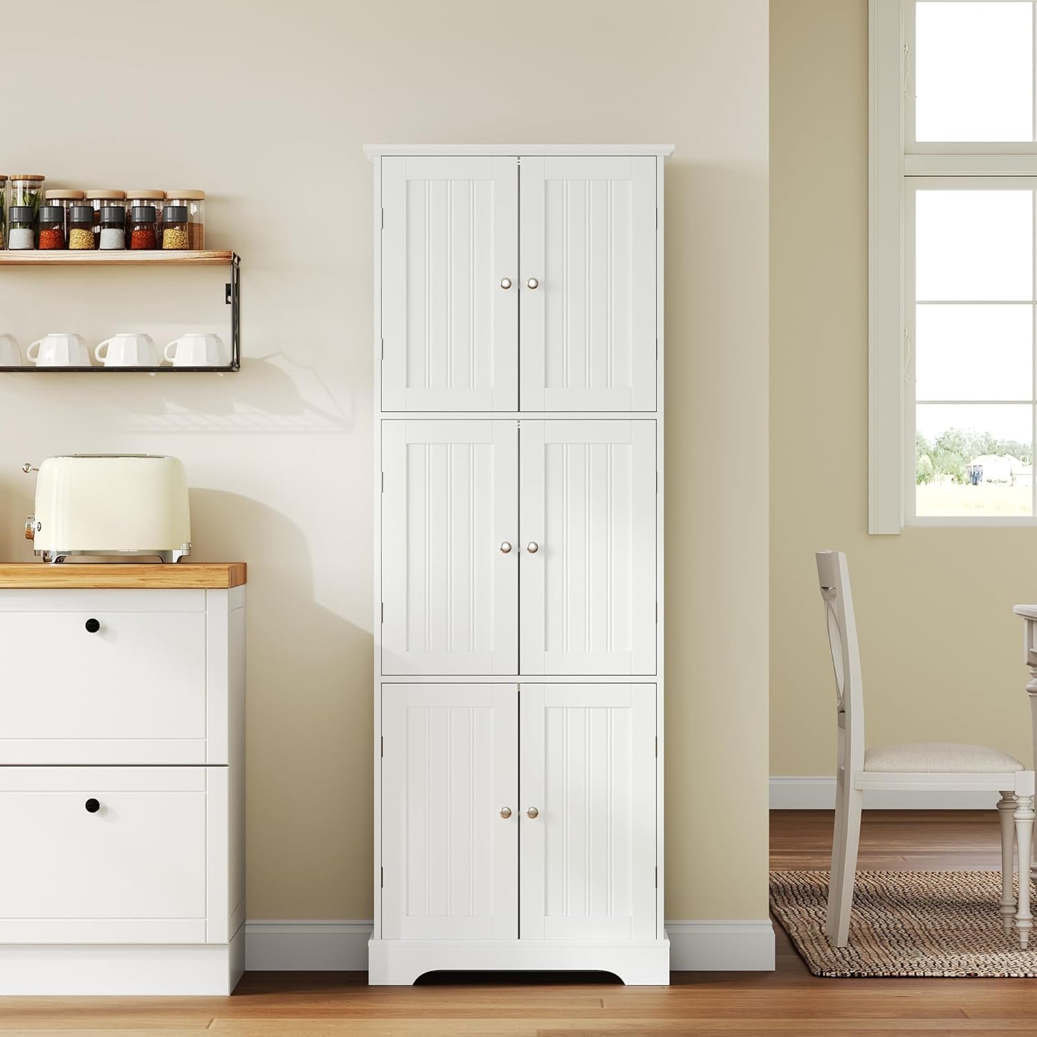 Tall Bathroom Storage Cabinet with 6 Doors, Freestanding Floor Cabinet with Adjustable Shelves, White Pantry Cabinet for Bathroom, Kitchen, Laundry Room