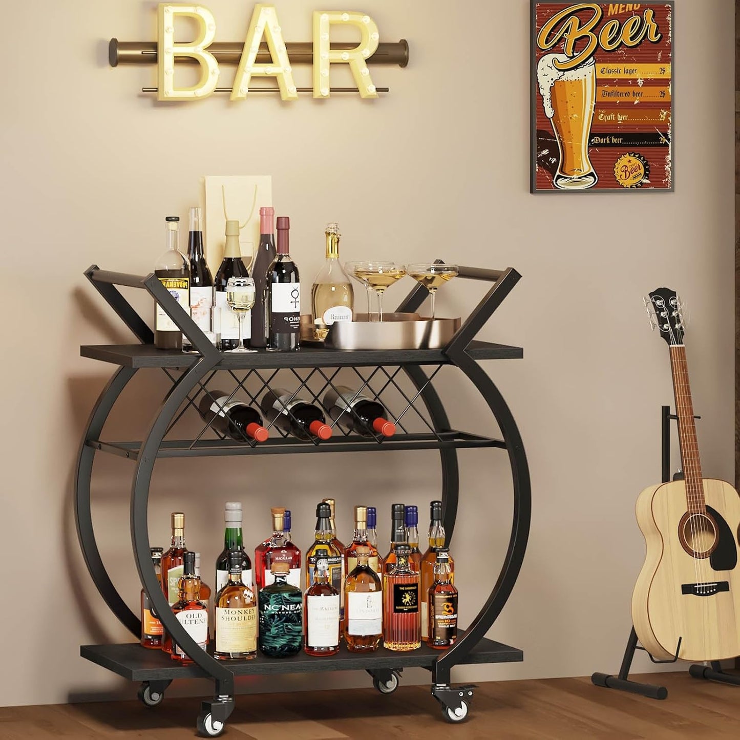 Black Wine Cart with Wheels, Modern Bar Cart with Wine Rack, Industrial Beverage Rolling Kitchen Serving Cart with Storage, Metal Wooden Microwave Drink Liquor Cart for Home Dining Room, Black Oak