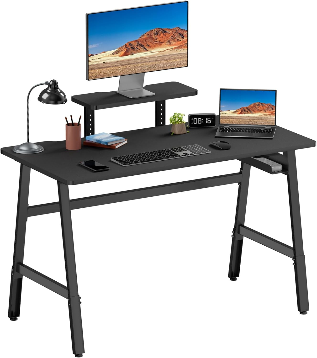 Height Adjustable Computer Desk - 47" Gaming Desk, Small Home Office Desk with Monitor Stand, Modern Simple Table Study Writing Work, Living Room Home Bedroom PC Table, Metal Frame, Black