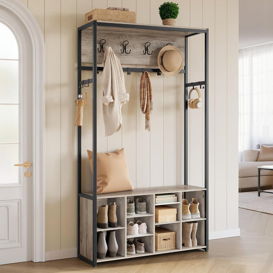 Hall Tree with Bench and Shoe Storage, Coat Rack with Shoe Bench, Entryway Furniture, Open Compartments, Industrial Style, Space Saving, Heather Greige and Ink Black UHSR432G01