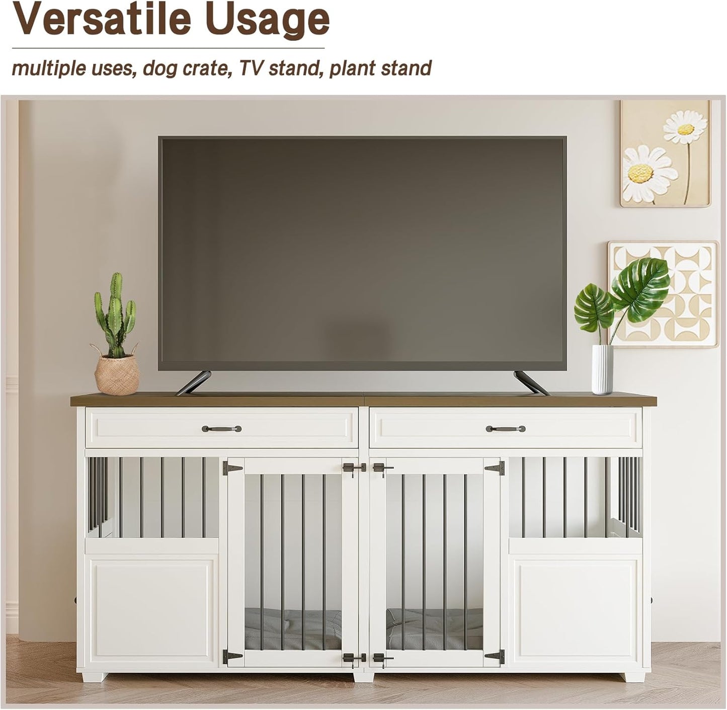 Dog Crate Furniture - Indoor Wood Dog Kennel Furniture 4 Doors with Divider and 2 Drawers - 72" L X 23.6" W X 34.8" H, White