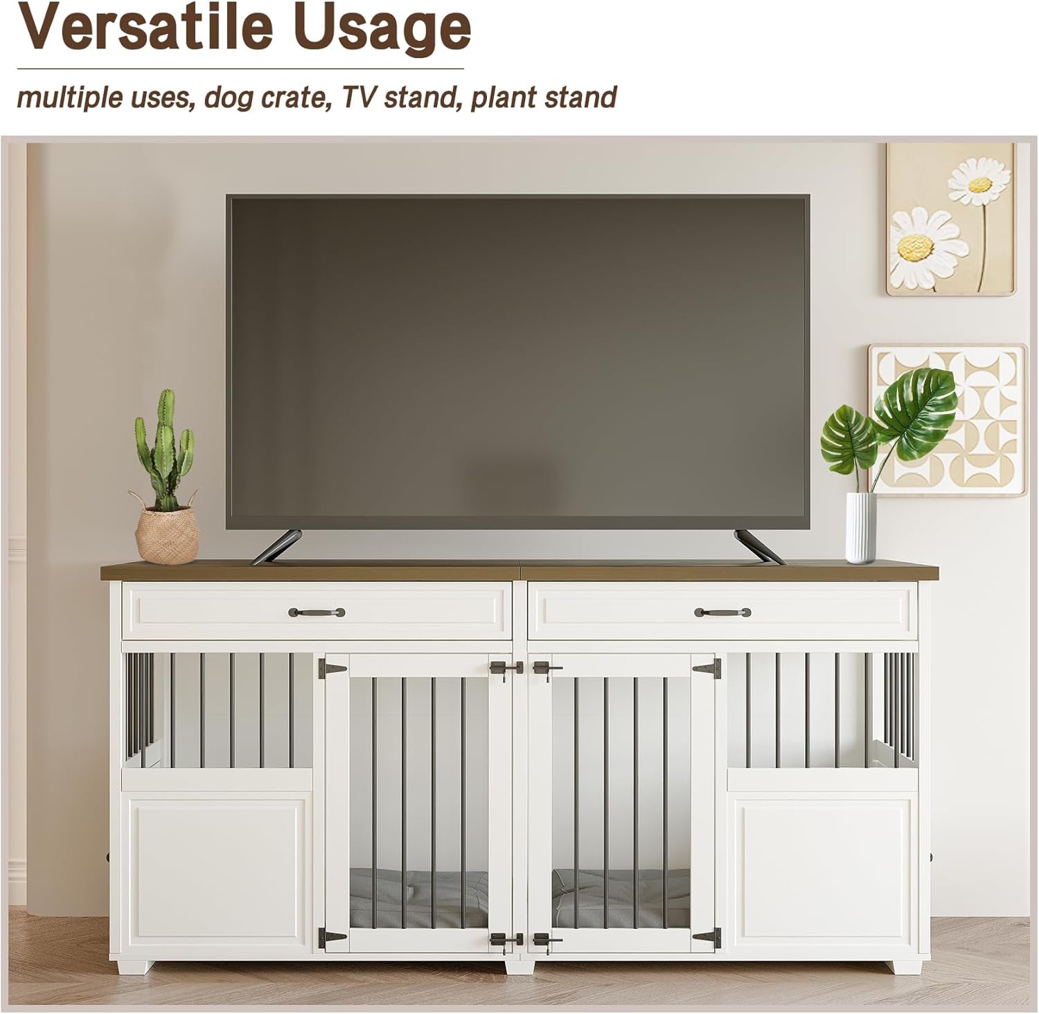 Dog Crate Furniture - Indoor Wood Dog Kennel Furniture 4 Doors with Divider and 2 Drawers - 72" L X 23.6" W X 34.8" H, White